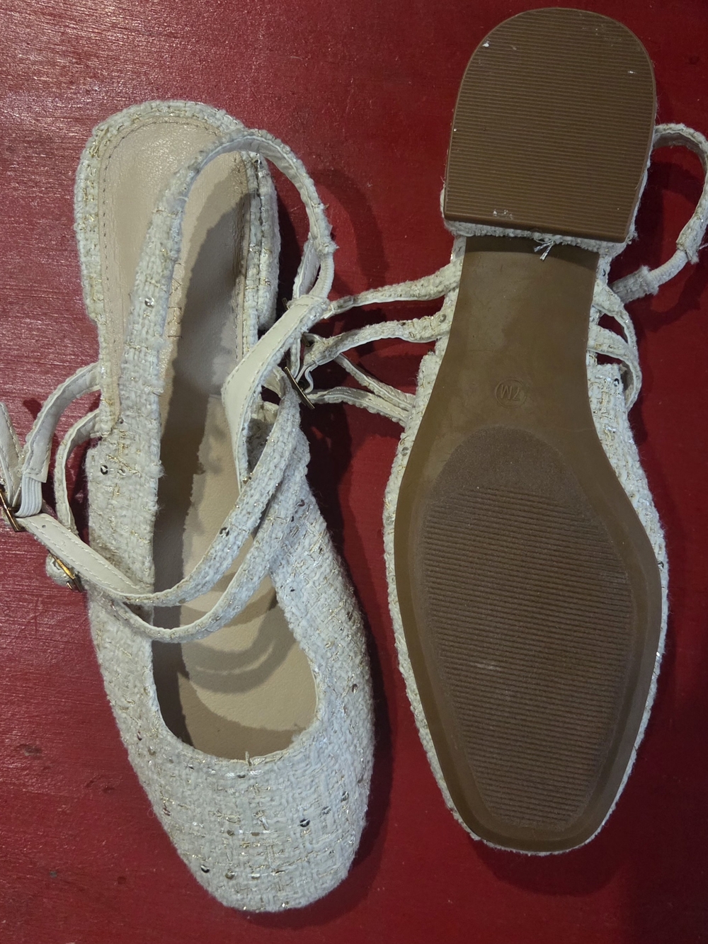 Tweed Ankle-Strap Flats in White